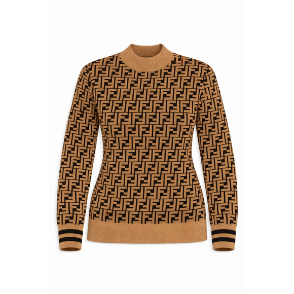 Fendi Sweaters - NWT Fendi Women's Zucca FF Logo Sweater Tan/Black Knit Crewneck Sz M Italy Made